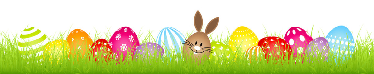 Banner Braunes Hasenei Mit Bunten Ostereiern Weißes Muster Wiese