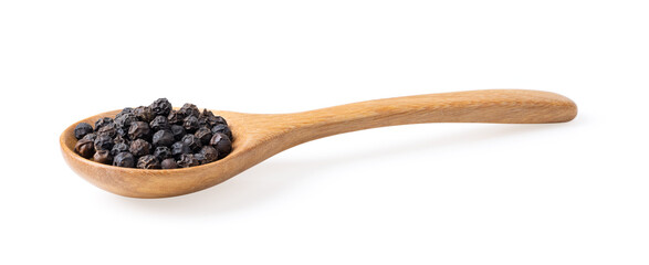 Black pepper in wood spoon isolated on white