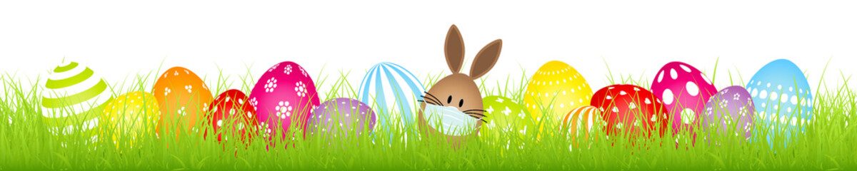 Banner Braunes Hasenei Maske Mit Bunten Ostereiern Weißes Muster Wiese
