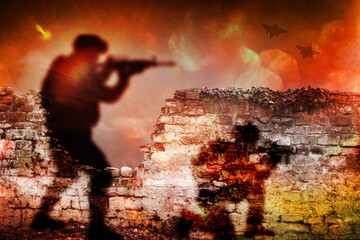 silhouette de soldat armés dans une ambiance de guerre