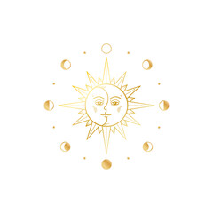 Gold sun and Moon phases. Sunny design for tarot, astrology, esoteric. Golden icon vector illustration.