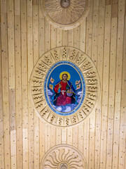 Icon of the Jesus Christ. Fresco on the wooden ceiling in The Church Dormition of the Mother of God in Haskovo, Bulgaria