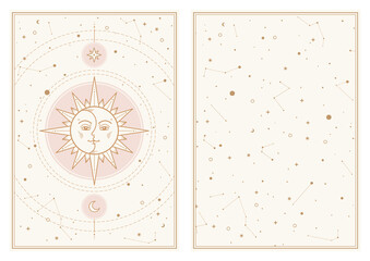 Gold Sun moon Stars in light galaxy sky. Background and design element for banner, tarot card, illustration, Pattern