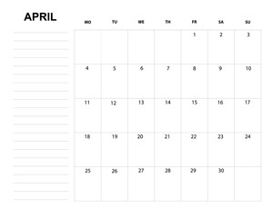 April 2022, calendar and place for notes