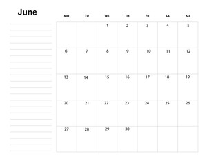 June 2022, calendar and place for notes.