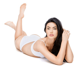 Obraz na płótnie Canvas Fitness young woman with a beautiful body laying on white background