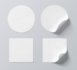 Sticker mockup with curled corner isolated on white background. Circular and squared adhesive label with bent side. 3D rendering