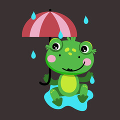 Сheerful cute Frog is sitting under an umbrella. Isolated vector illustration in a flat