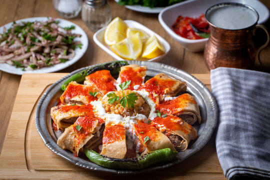 Turkish Beyti Kebap or kebab with grilled vegetables