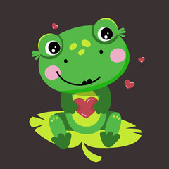 Сute Frog is holding a heart. A frog in love. Isolated vector illustration in a flat