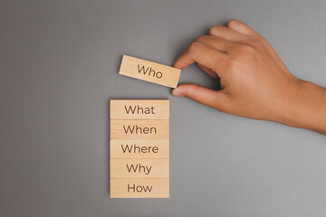 5W1H Who What Where When Why How, Hand holding wooden block showing analysis problem solving...