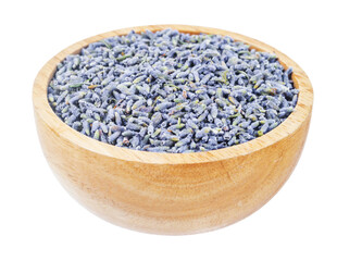 Dry lavender flowers in wooden bowl isolated on white background.