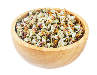 Flower tea. Dried of apple blossom in wooden bowl isolated on white background.