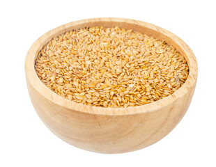The Gold Flax seed in wooden bowl isolated on white background.