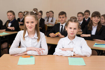 Happy schoolchildren sit at a desk in the classroom