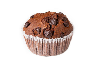 Handmade cocoa chocolate chip muffin on the white background.