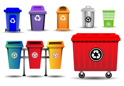 realistic garbage bin in various color red, green, blue, yellow. trash bin waste basket, recycling trash basket.