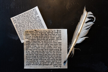 Mezuzah parchment made from animal skin with the full text of the Shema Yisrael prayer and the...