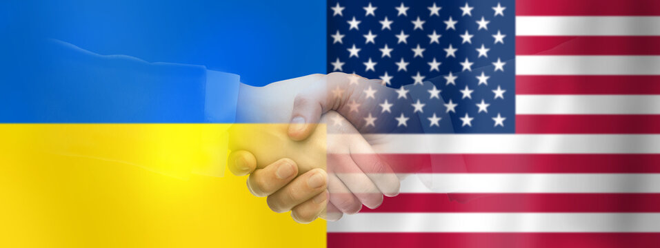 political, business and national concept - close up of handshake over flag of ukraine and united states of america on background - Powered by Adobe