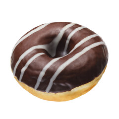 Chocolate donut with white strips isolated on white.