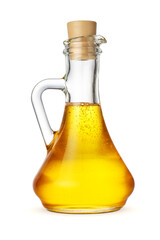 Sunflower oil in glass bottle with cork isolated on white.