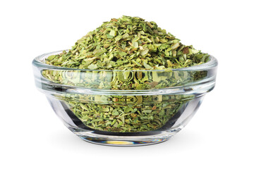 Dried oregano in glass bowl isolated on white.