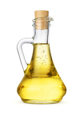 Sunflower oil in glass jar with cork isolated on white.
