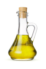 Olive oil in glass bottle with cork isolated on white.