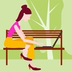 Vector illustration - a young woman sitting on a bench in a park with green trees and remotely working on a laptop. The concept is remote work and training.