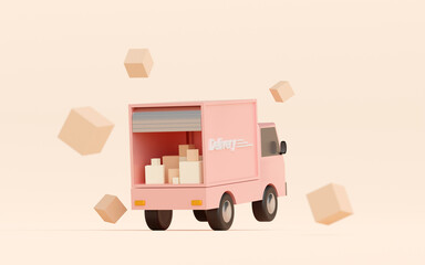E-commerce concept, Transportation shipment delivery by truck, 3d illustration - obrazy, fototapety, plakaty