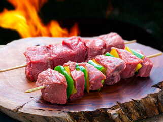 delicious raw meat skewer, beef