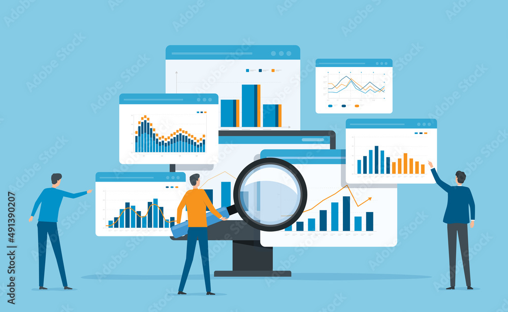 Poster business team analytics and monitoring on web report dashboard monitor concept and flat vector illustration design data analytics research for business finance planning.