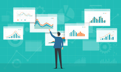 Flat business people analytics and monitoring investment and finance report graph on monitor concept. Business marketing planning. - obrazy, fototapety, plakaty