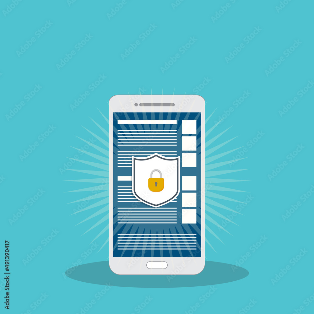 Poster internet network security. safe browsing on mobile phone. vector illustration.