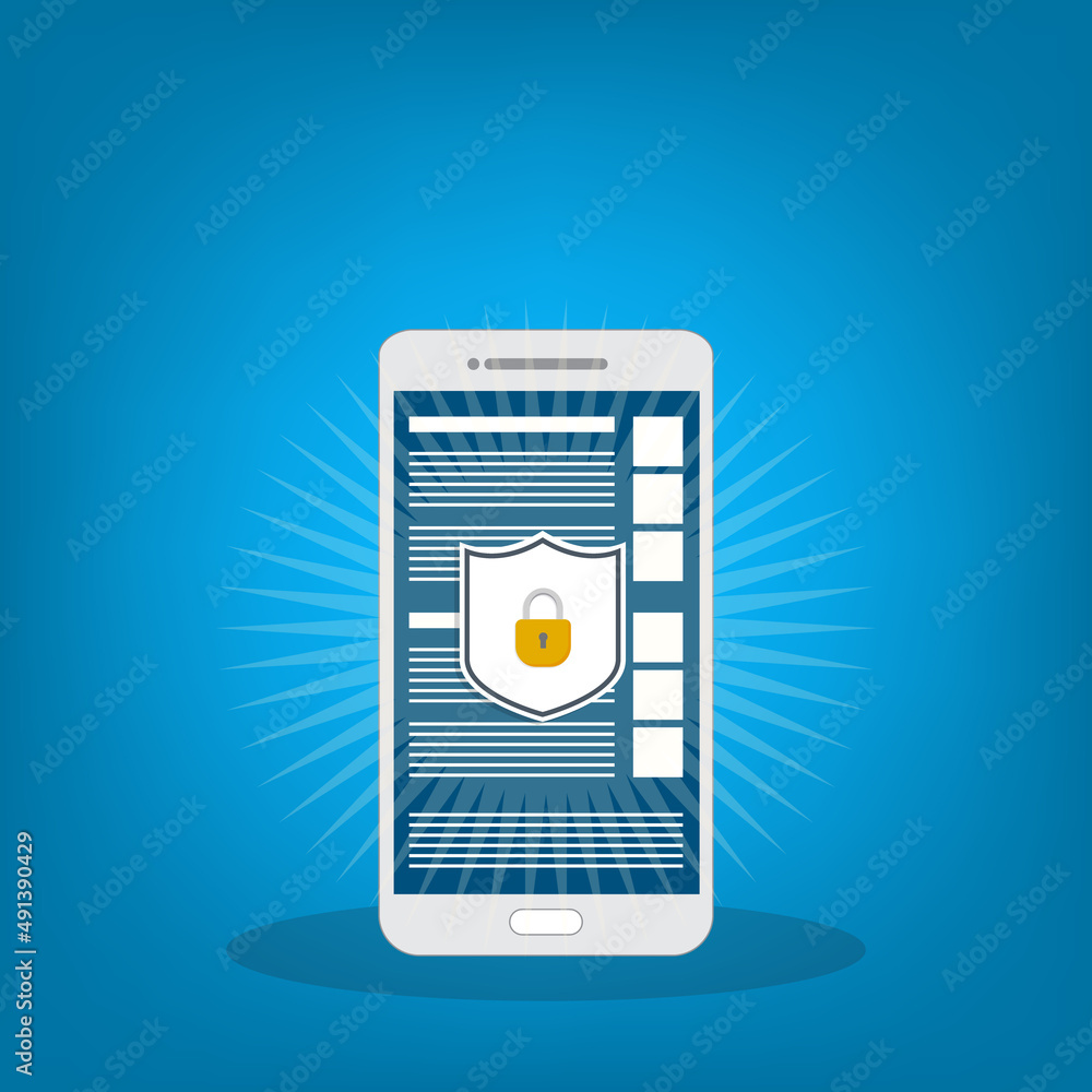 Poster internet network security. safe browsing on mobile phone. vector illustration.