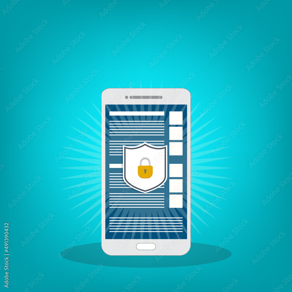 Poster internet network security. safe browsing on mobile phone. vector illustration.