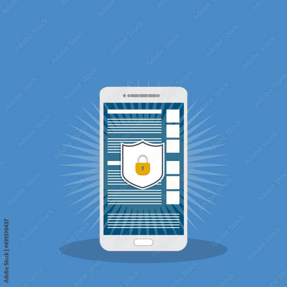 Poster internet network security. safe browsing on mobile phone. vector illustration.