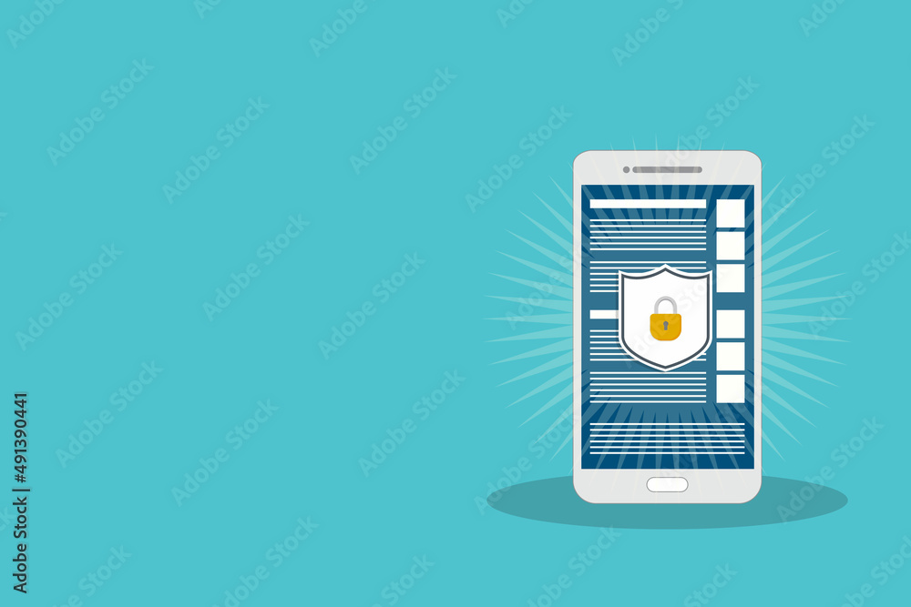 Poster internet network security. safe browsing on mobile phone. vector illustration.
