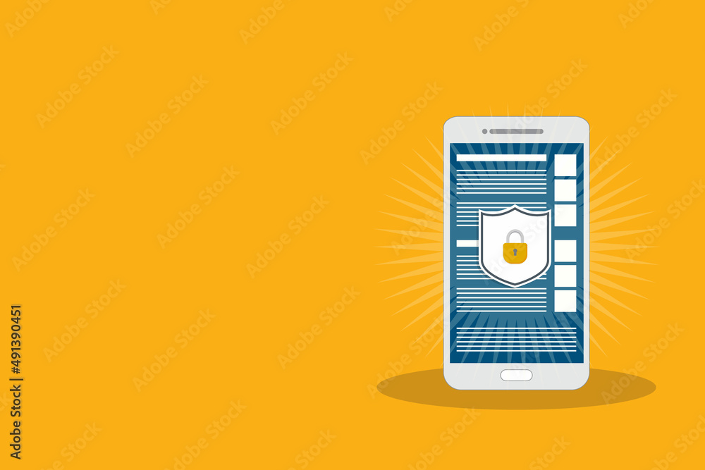 Poster internet network security. safe browsing on mobile phone. vector illustration.