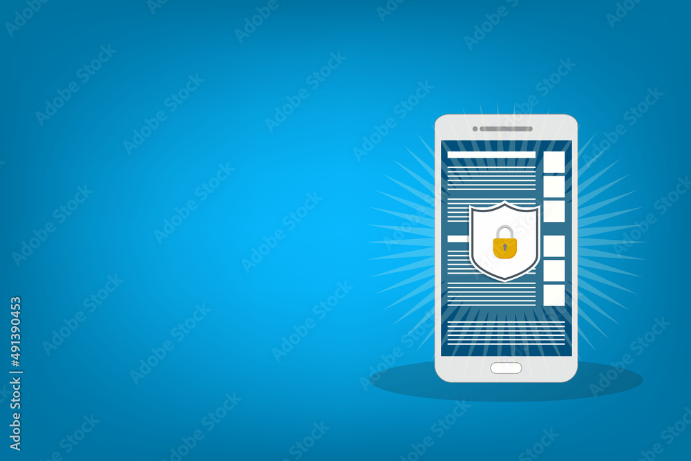 Poster internet network security. safe browsing on mobile phone. vector illustration.