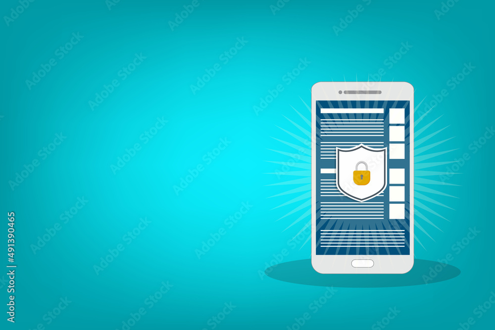 Poster internet network security. safe browsing on mobile phone. vector illustration.