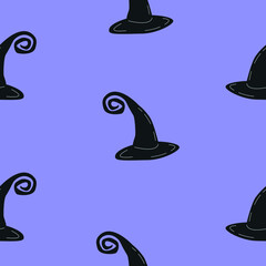 Witch hats vector seamless pattern. Halloween season caps on purple background for textile, fabric, wrapping paper design