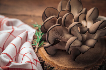 closeup picture of oyster mushrooms on top of antique wooden board