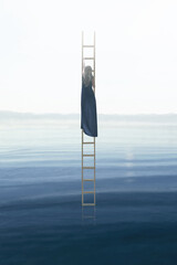 surreal illustration of a woman trying to get out of the sea on an imaginary ladder © Cristina Conti