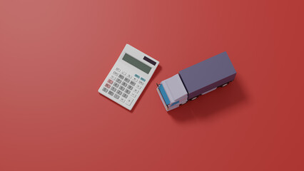 平面上に置かれたトラックのおもちゃと電卓のCGによるフォトリアルなイラスト