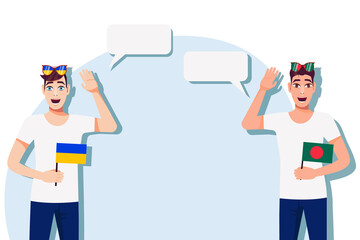 Men with Ukrainian and Bangladeshi flags. Background for text. Communication between native speakers of Ukraine and Bangladesh. Vector illustration.