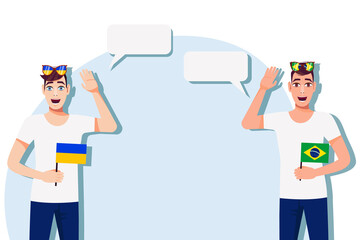 Vector illustration of people speaking the languages of Ukraine and Brazil. Illustration of translation, transcription and dialogue between Ukraine and Brazil.
