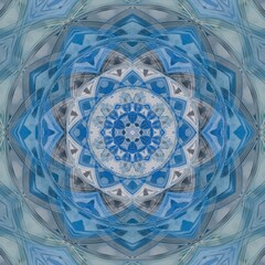 blue and white pealing paint showing wood grain pattern and creative unique hexagonal kaleidoscopic designs