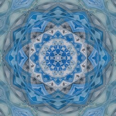 blue and white pealing paint showing wood grain pattern and creative unique hexagonal kaleidoscopic designs