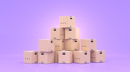 Naklejka premium Stack of brown cardboard boxes isolated on purple background. Parcel delivery service, fast courier shipping, storage and transporting, freight and cargo warehouse logistic, distribution, 3d render